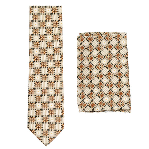BRIONI Handmade Beige Macro-Design Silk Tie Pocket Square Set NEW