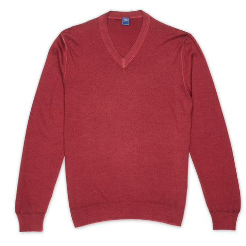 FEDELI Crimson Cashmere-Silk V-Neck Luxury Sweater NEW Slim