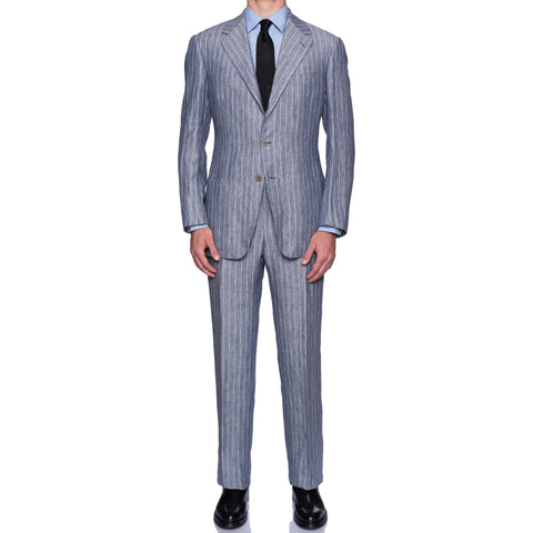 SARTORIA CASTANGIA Handmade Blue Striped Linen Summer-Spring Suit 54 NEW 44