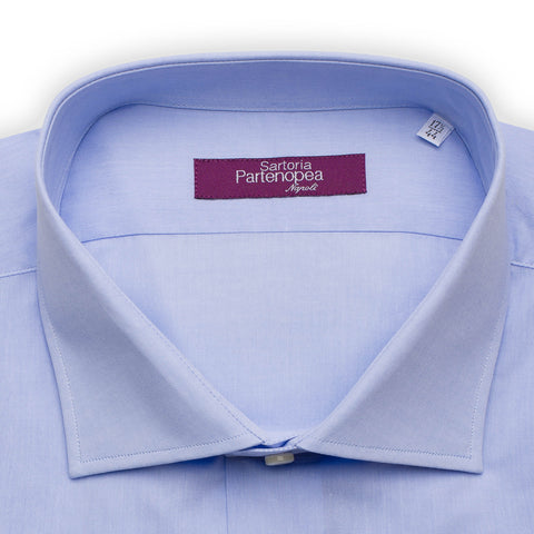 SARTORIA PARTENOPEA Solid Blue Cotton Broadcloth Standard Cuff Dress Shirt NEW