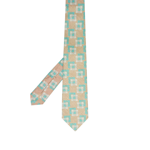 KITON Napoli Handmade Seven Fold Beige-Tan Plaid Linen-Silk-Cashmere Tie NEW
