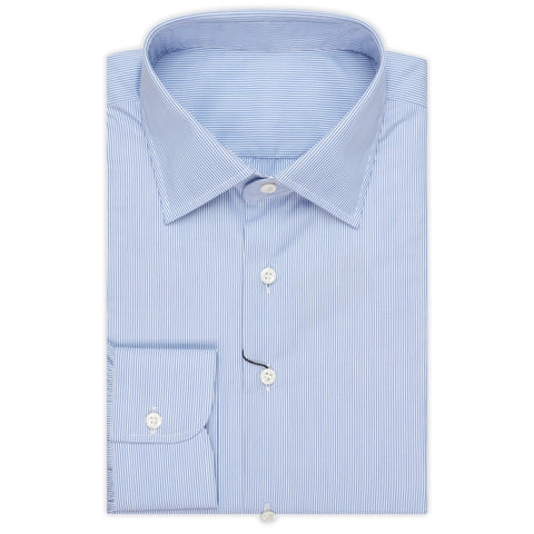 BESPOKE ATHENS Handmade Blue Hairline Striped Cotton Shirt 43 NEW 17 Slim Fit