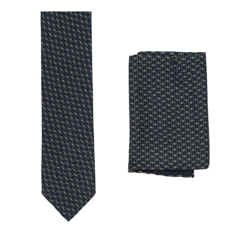 BRIONI Handmade Navy Blue Micro-design Silk Tie Pocket Square Set NEW