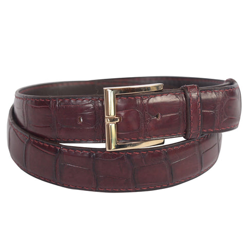 DURET Burgundy Crocodile Leather Belt with Gold-Tone Square Buckle 34" NEW 85cm