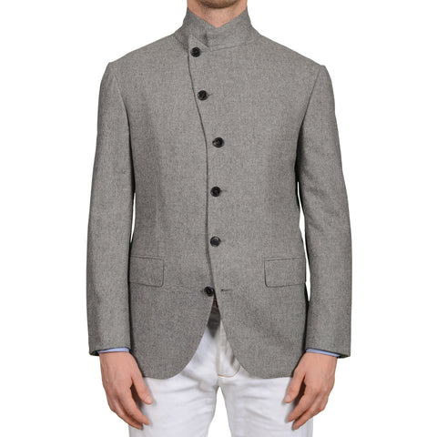 D'AVENZA Roma Gray Wool Flannel Peak Lapel 5 Button Jacket EU 50 NEW US 40