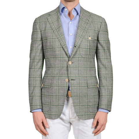 D'AVENZA Roma Handmade Gray-Green Plaid Wool Cashmere Jacket EU 50 NEW US 40