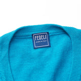 FEDELI Blue Cashmere-Cotton V-Neck Sweater EU 50 NEW US M