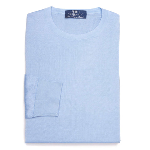 FEDELI Millionaire Blue Super Cashmere-Silk Crewneck Sweater 44 NEW US XXS
