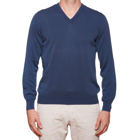 FEDELI Blue Cotton V-Neck Sweater EU 50 NEW US M