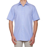 FEDELI Solid Blue End-on-End Cotton Short Sleeve Dress Shirt EU 43 NEW US 17