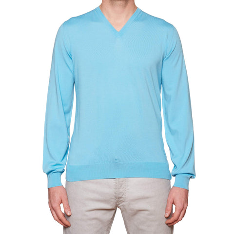FEDELI Light Blue 15 Micron Wool Super 160's V-Neck Sweater NEW