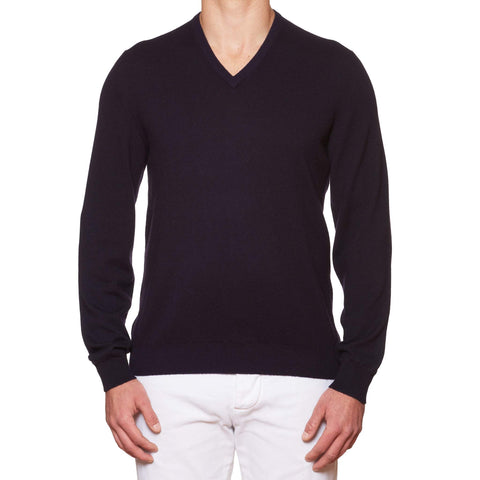 FEDELI Navy Blue Cashmere V-Neck Sweater NEW Slim Fit