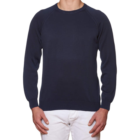 FEDELI Navy Blue Cotton Raglan Sleeve Crewneck Sweater 56 NEW US 2XL