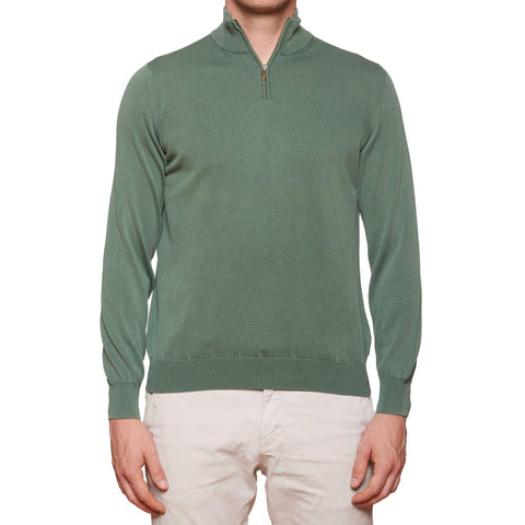 FEDELI Olive Cotton Zip Neck Sweater NEW