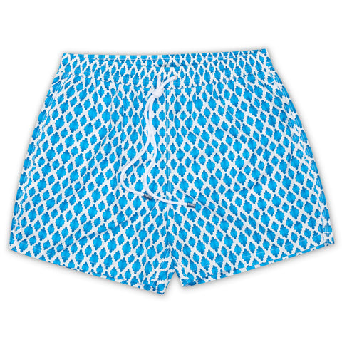 FEDELI White-Blue Medallion Printed Madeira Airstop Swim Shorts Trunks NEW L
