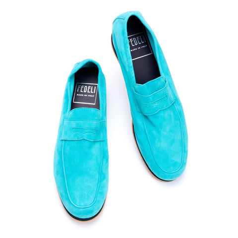 FEDELI "Capri" Turquoise Suede Penny Loafer Shoes with Vibram Sole NEW with Box