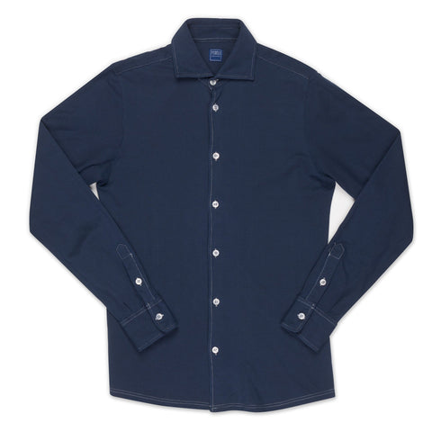 FEDELI "Kaos" Navy Blue Garment Dyed Cotton Pique Polo Shirt 46 NEW XS Slim