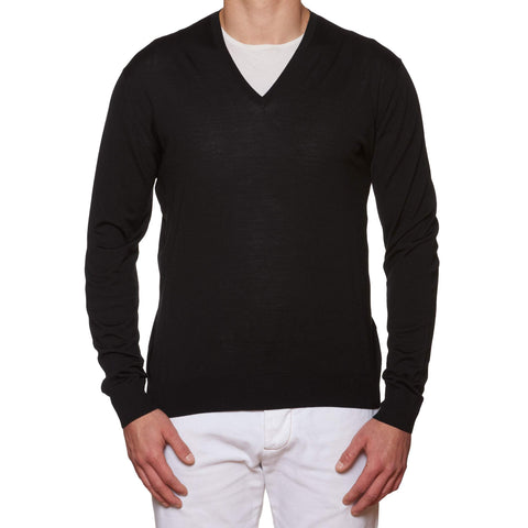 FEDELI "Millionaire" Black Super Wool V-Neck Sweater EU 56 NEW US 2XL