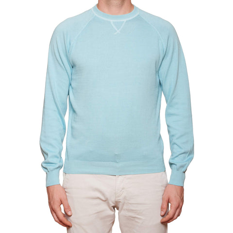 FEDELI "Tiger" Light Turquoise Supima Cotton Raglan Crewneck Sweater 52 NEW US L