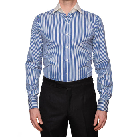 FINAMORE Handmade Blue Striped Cotton French Cuff Dress Shirt EU 40 US 15.75