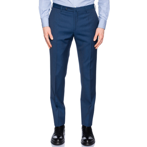 INCOTEX (Slowear) Blue Herringbone Wool Flat Front Pants NEW Slim Fit