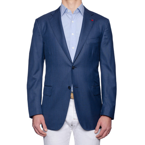 ISAIA "Base S" Blue Striped Herringbone Silk-Wool Super 150's Jacket 56 NEW 46