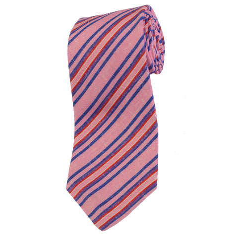 KITON Napoli Hand-Made Seven Fold Light Pink Diagonal Striped Linen Tie NEW