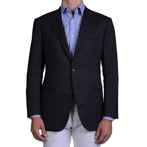 KITON Napoli Handmade Gray Herringbone Linen Cashmere Silk Jacket EU 52 US 42