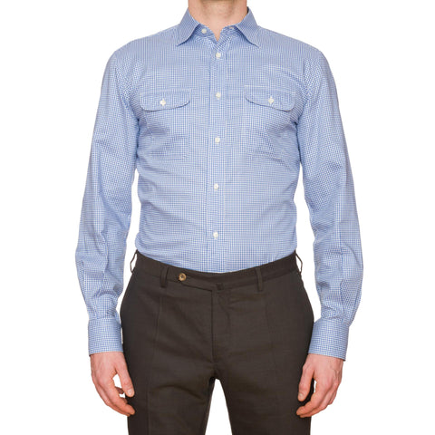 M.BARDELLI Milano Blue Gingham Check Oxford Cotton 2 Pocket Dress Shirt Size L