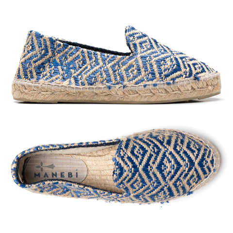 MANEBI "Hamptons" Espadrilles Beige-Blue Canvas Women's Loafer Shoes 37 NEW US 7
