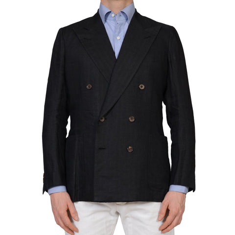 RUBINACCI Bespoke Black Herringbone Linen Silk DB Blazer Jacket EU 50 US 38 40