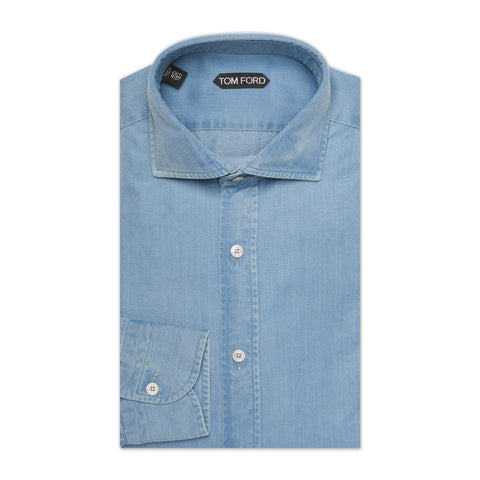 TOM FORD Solid Blue Denim Cotton Casual Shirt NEW Slim Fit