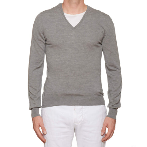 YVES SAINT LAURENT Solid Gray Cotton V-Neck Sweater EU 50 US M