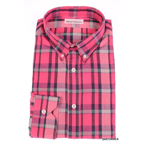 RUBINACCI Napoli Pink Plaid Cotton Button-Down Casual Shirt NEW US 18 Classic Fi