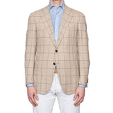CESARE ATTOLINI Napoli Tan Windowpane Wool Silk Linen Blazer Jacket 50 NEW US 40